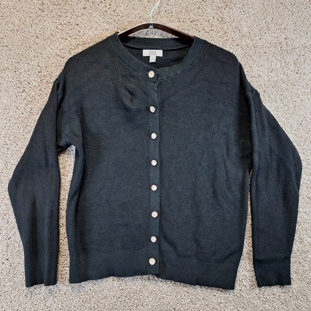 Tera Vera Cardigan Womens S Black Gold Button Ribbed Knit Classic Office Chic